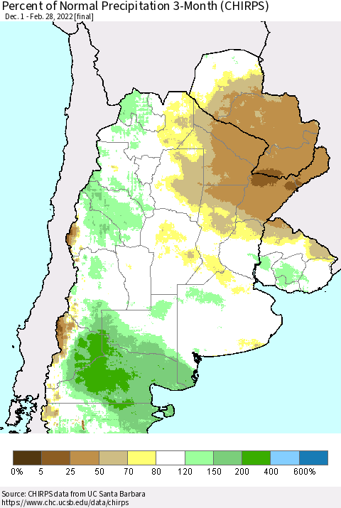 Southern South America Percent of Normal Precipitation 3-Month (CHIRPS) Thematic Map For 12/1/2021 - 2/28/2022