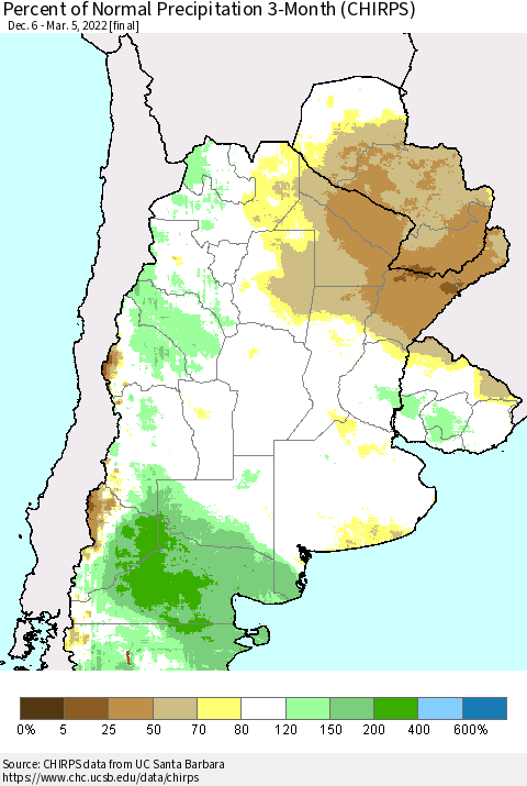 Southern South America Percent of Normal Precipitation 3-Month (CHIRPS) Thematic Map For 12/6/2021 - 3/5/2022