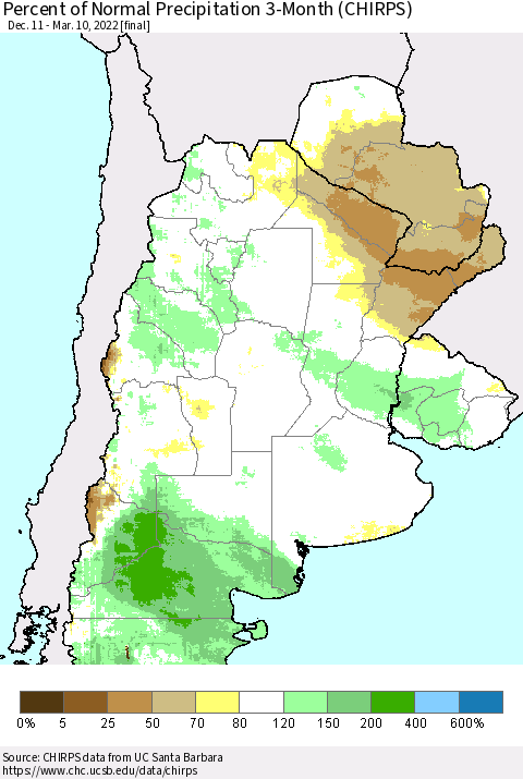 Southern South America Percent of Normal Precipitation 3-Month (CHIRPS) Thematic Map For 12/11/2021 - 3/10/2022