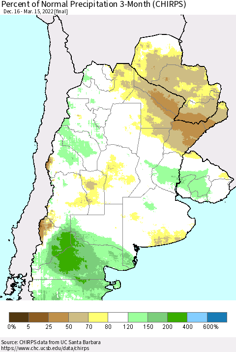 Southern South America Percent of Normal Precipitation 3-Month (CHIRPS) Thematic Map For 12/16/2021 - 3/15/2022
