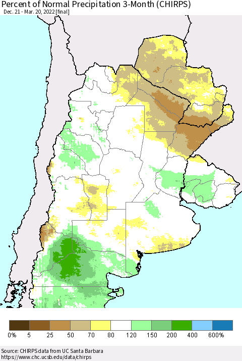 Southern South America Percent of Normal Precipitation 3-Month (CHIRPS) Thematic Map For 12/21/2021 - 3/20/2022
