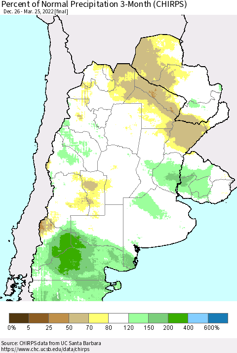 Southern South America Percent of Normal Precipitation 3-Month (CHIRPS) Thematic Map For 12/26/2021 - 3/25/2022