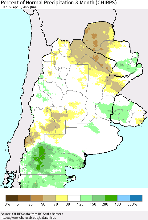 Southern South America Percent of Normal Precipitation 3-Month (CHIRPS) Thematic Map For 1/6/2022 - 4/5/2022