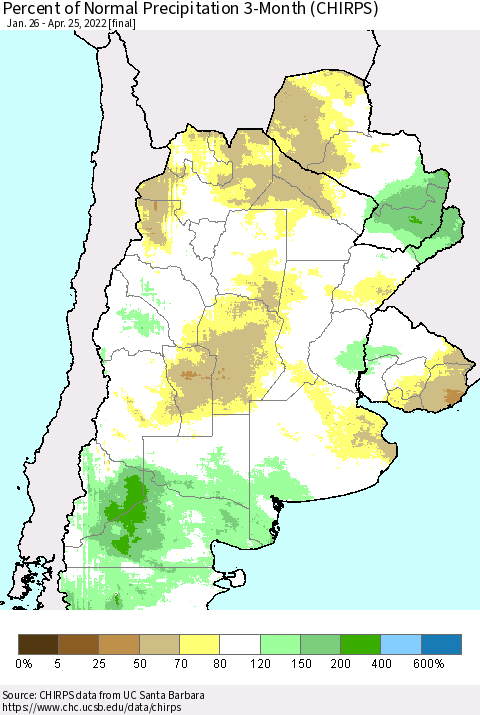 Southern South America Percent of Normal Precipitation 3-Month (CHIRPS) Thematic Map For 1/26/2022 - 4/25/2022