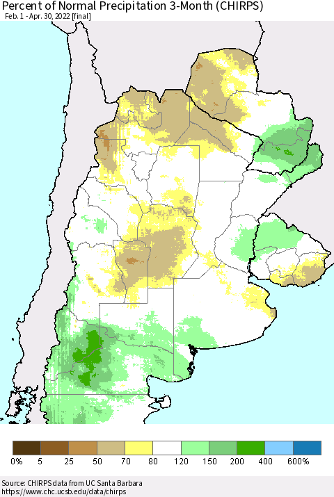 Southern South America Percent of Normal Precipitation 3-Month (CHIRPS) Thematic Map For 2/1/2022 - 4/30/2022