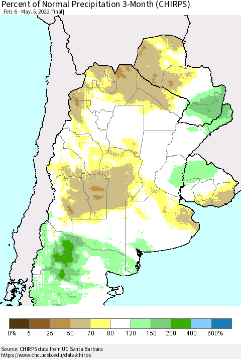 Southern South America Percent of Normal Precipitation 3-Month (CHIRPS) Thematic Map For 2/6/2022 - 5/5/2022