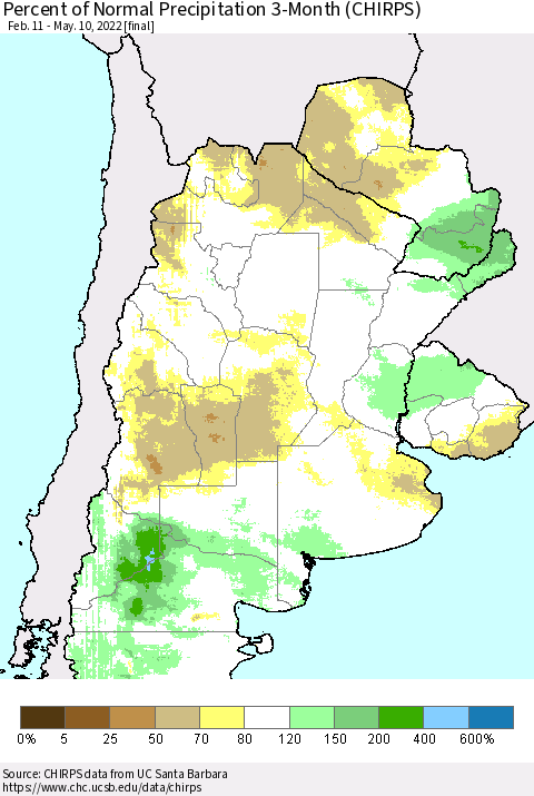 Southern South America Percent of Normal Precipitation 3-Month (CHIRPS) Thematic Map For 2/11/2022 - 5/10/2022