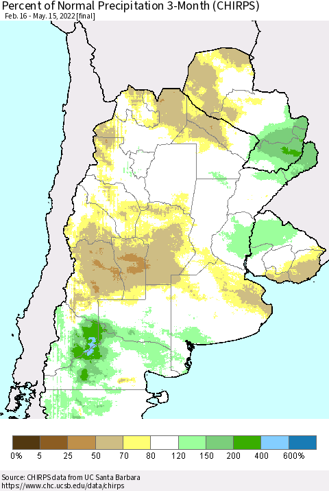 Southern South America Percent of Normal Precipitation 3-Month (CHIRPS) Thematic Map For 2/16/2022 - 5/15/2022