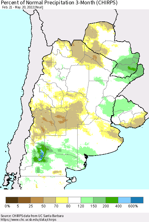 Southern South America Percent of Normal Precipitation 3-Month (CHIRPS) Thematic Map For 2/21/2022 - 5/20/2022