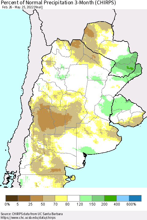 Southern South America Percent of Normal Precipitation 3-Month (CHIRPS) Thematic Map For 2/26/2022 - 5/25/2022