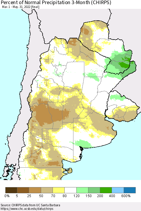 Southern South America Percent of Normal Precipitation 3-Month (CHIRPS) Thematic Map For 3/1/2022 - 5/31/2022