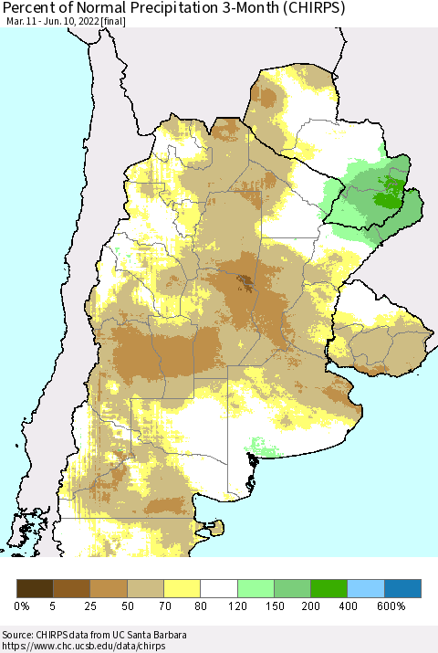 Southern South America Percent of Normal Precipitation 3-Month (CHIRPS) Thematic Map For 3/11/2022 - 6/10/2022