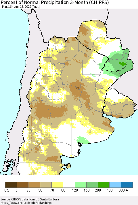 Southern South America Percent of Normal Precipitation 3-Month (CHIRPS) Thematic Map For 3/16/2022 - 6/15/2022