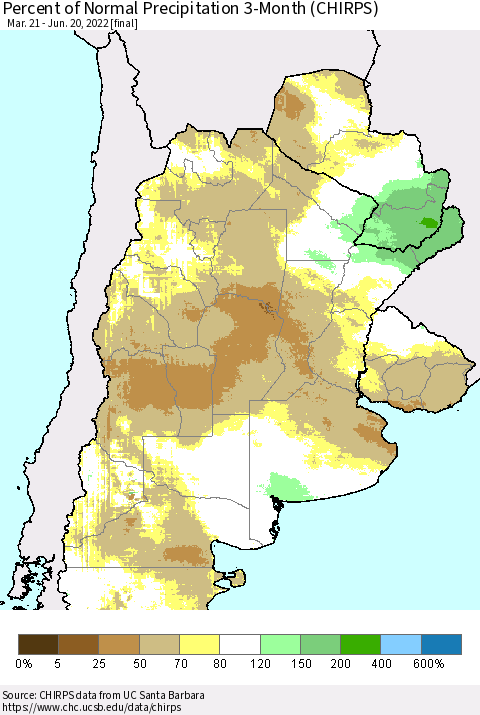 Southern South America Percent of Normal Precipitation 3-Month (CHIRPS) Thematic Map For 3/21/2022 - 6/20/2022