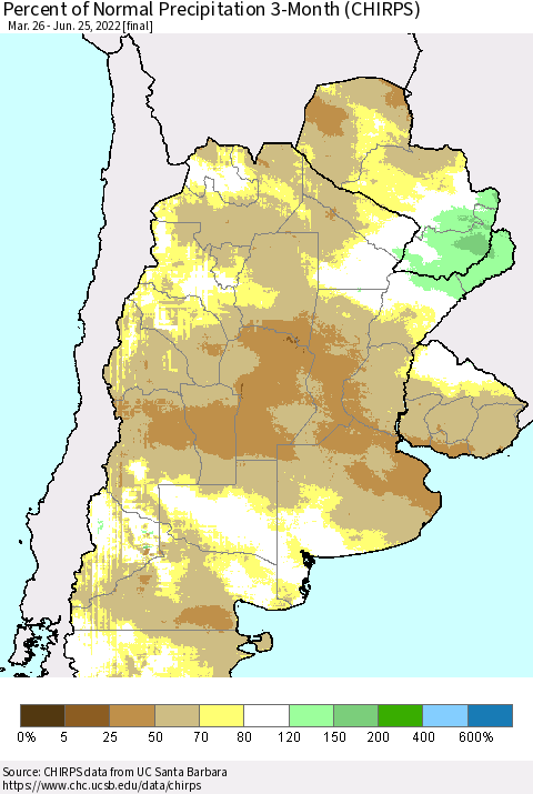 Southern South America Percent of Normal Precipitation 3-Month (CHIRPS) Thematic Map For 3/26/2022 - 6/25/2022