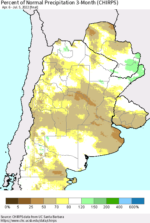 Southern South America Percent of Normal Precipitation 3-Month (CHIRPS) Thematic Map For 4/6/2022 - 7/5/2022