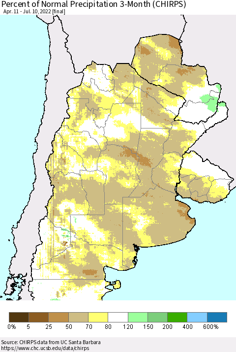 Southern South America Percent of Normal Precipitation 3-Month (CHIRPS) Thematic Map For 4/11/2022 - 7/10/2022
