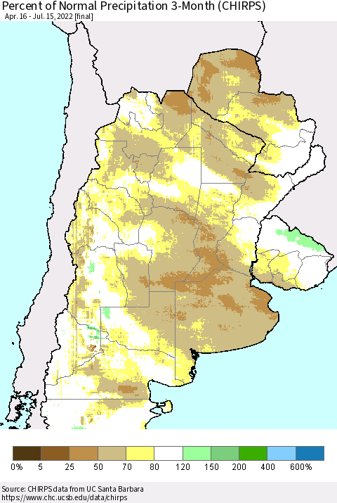 Southern South America Percent of Normal Precipitation 3-Month (CHIRPS) Thematic Map For 4/16/2022 - 7/15/2022