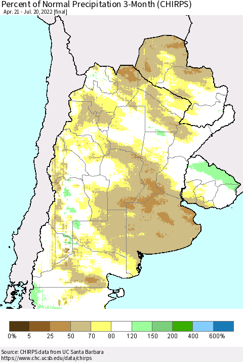 Southern South America Percent of Normal Precipitation 3-Month (CHIRPS) Thematic Map For 4/21/2022 - 7/20/2022