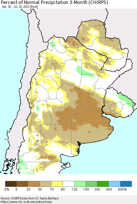 Southern South America Percent of Normal Precipitation 3-Month (CHIRPS) Thematic Map For 4/26/2022 - 7/25/2022