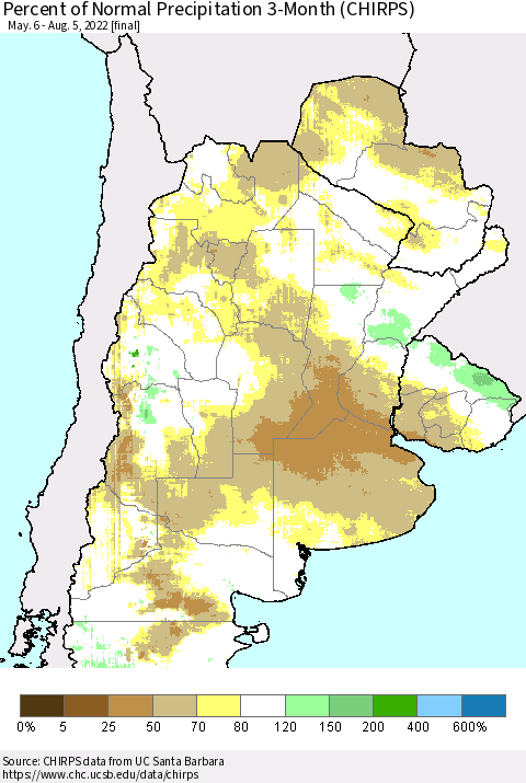 Southern South America Percent of Normal Precipitation 3-Month (CHIRPS) Thematic Map For 5/6/2022 - 8/5/2022