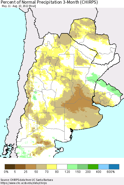 Southern South America Percent of Normal Precipitation 3-Month (CHIRPS) Thematic Map For 5/11/2022 - 8/10/2022