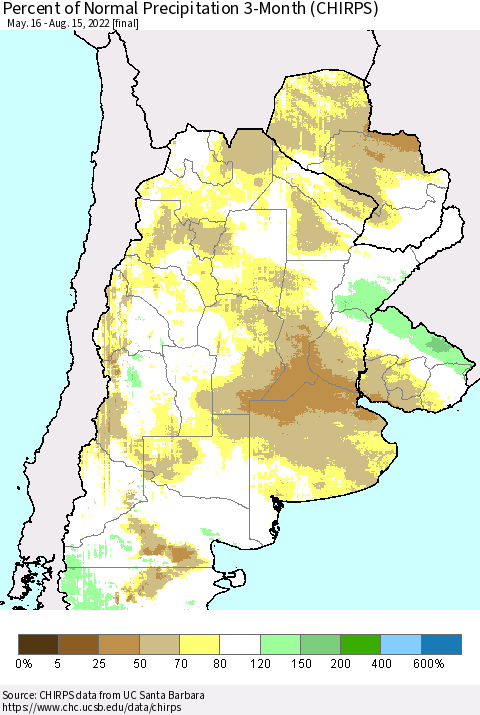 Southern South America Percent of Normal Precipitation 3-Month (CHIRPS) Thematic Map For 5/16/2022 - 8/15/2022
