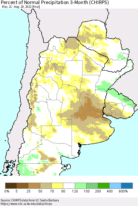 Southern South America Percent of Normal Precipitation 3-Month (CHIRPS) Thematic Map For 5/21/2022 - 8/20/2022