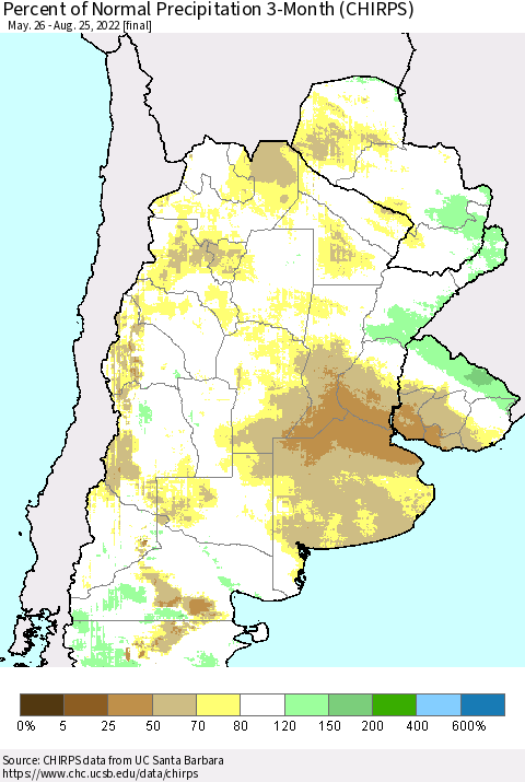 Southern South America Percent of Normal Precipitation 3-Month (CHIRPS) Thematic Map For 5/26/2022 - 8/25/2022