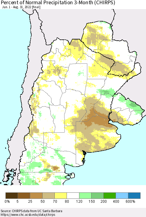 Southern South America Percent of Normal Precipitation 3-Month (CHIRPS) Thematic Map For 6/1/2022 - 8/31/2022