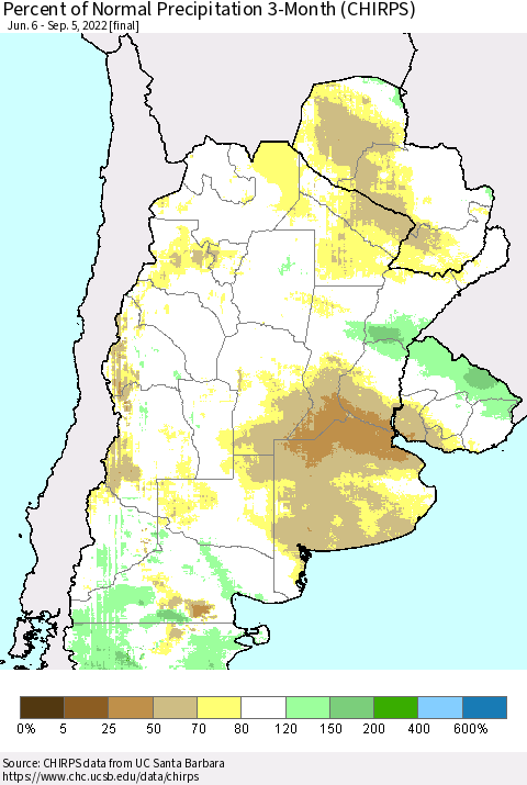 Southern South America Percent of Normal Precipitation 3-Month (CHIRPS) Thematic Map For 6/6/2022 - 9/5/2022