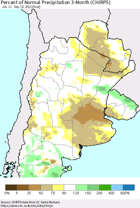 Southern South America Percent of Normal Precipitation 3-Month (CHIRPS) Thematic Map For 6/11/2022 - 9/10/2022