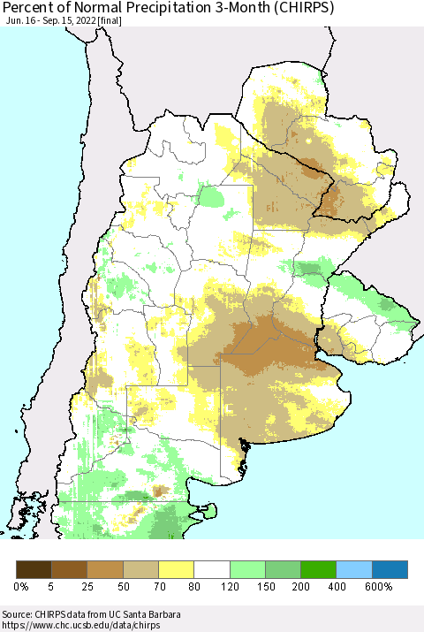 Southern South America Percent of Normal Precipitation 3-Month (CHIRPS) Thematic Map For 6/16/2022 - 9/15/2022