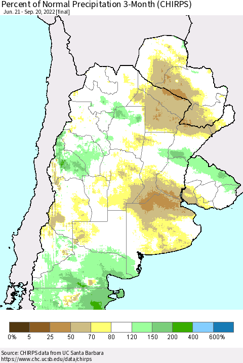 Southern South America Percent of Normal Precipitation 3-Month (CHIRPS) Thematic Map For 6/21/2022 - 9/20/2022