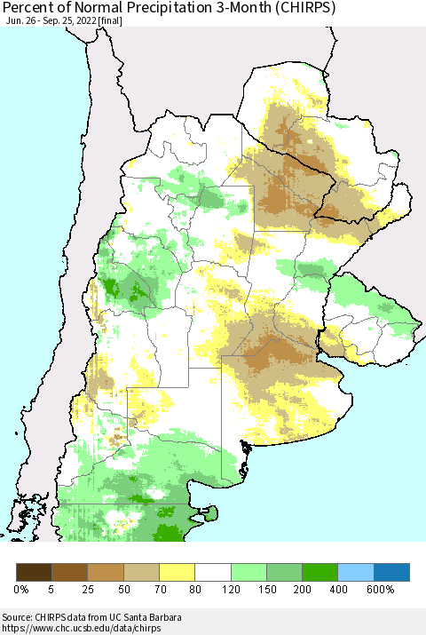 Southern South America Percent of Normal Precipitation 3-Month (CHIRPS) Thematic Map For 6/26/2022 - 9/25/2022
