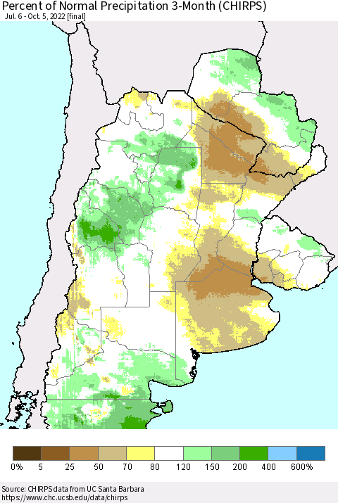 Southern South America Percent of Normal Precipitation 3-Month (CHIRPS) Thematic Map For 7/6/2022 - 10/5/2022