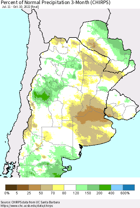 Southern South America Percent of Normal Precipitation 3-Month (CHIRPS) Thematic Map For 7/11/2022 - 10/10/2022