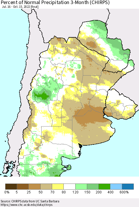 Southern South America Percent of Normal Precipitation 3-Month (CHIRPS) Thematic Map For 7/16/2022 - 10/15/2022
