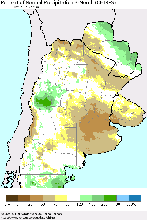 Southern South America Percent of Normal Precipitation 3-Month (CHIRPS) Thematic Map For 7/21/2022 - 10/20/2022