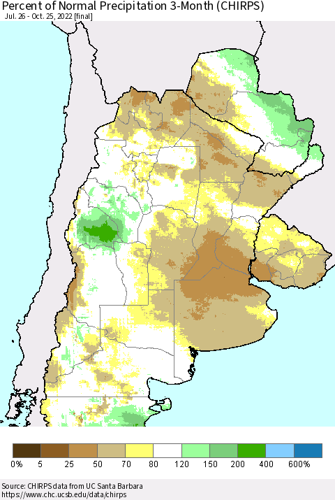 Southern South America Percent of Normal Precipitation 3-Month (CHIRPS) Thematic Map For 7/26/2022 - 10/25/2022