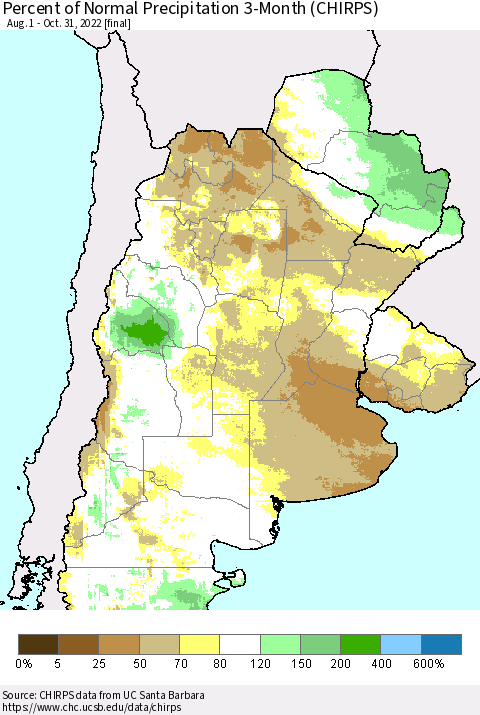 Southern South America Percent of Normal Precipitation 3-Month (CHIRPS) Thematic Map For 8/1/2022 - 10/31/2022