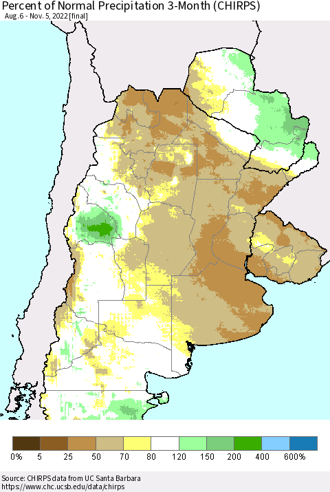Southern South America Percent of Normal Precipitation 3-Month (CHIRPS) Thematic Map For 8/6/2022 - 11/5/2022