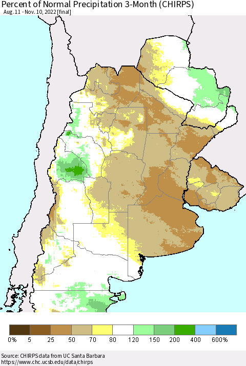 Southern South America Percent of Normal Precipitation 3-Month (CHIRPS) Thematic Map For 8/11/2022 - 11/10/2022