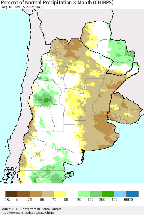 Southern South America Percent of Normal Precipitation 3-Month (CHIRPS) Thematic Map For 8/16/2022 - 11/15/2022