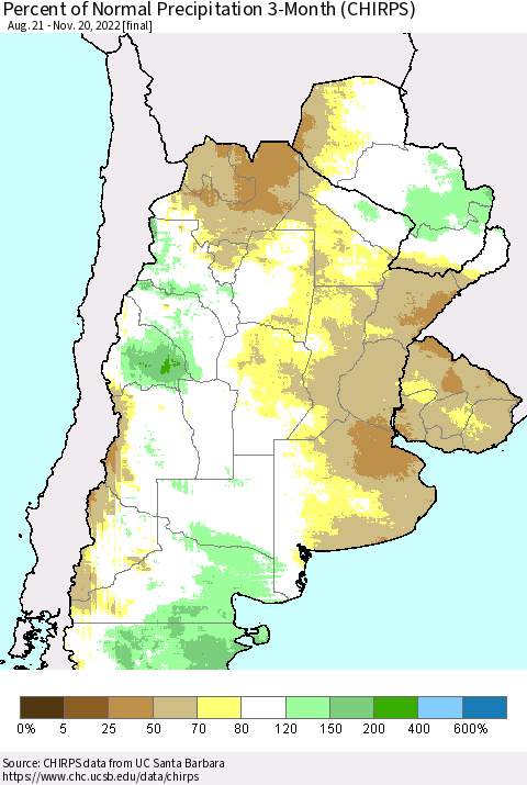 Southern South America Percent of Normal Precipitation 3-Month (CHIRPS) Thematic Map For 8/21/2022 - 11/20/2022