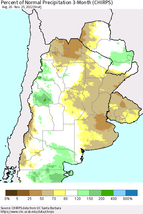 Southern South America Percent of Normal Precipitation 3-Month (CHIRPS) Thematic Map For 8/26/2022 - 11/25/2022