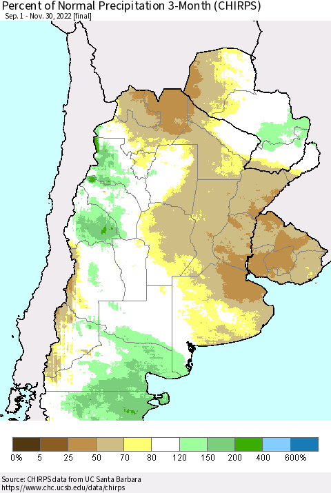 Southern South America Percent of Normal Precipitation 3-Month (CHIRPS) Thematic Map For 9/1/2022 - 11/30/2022