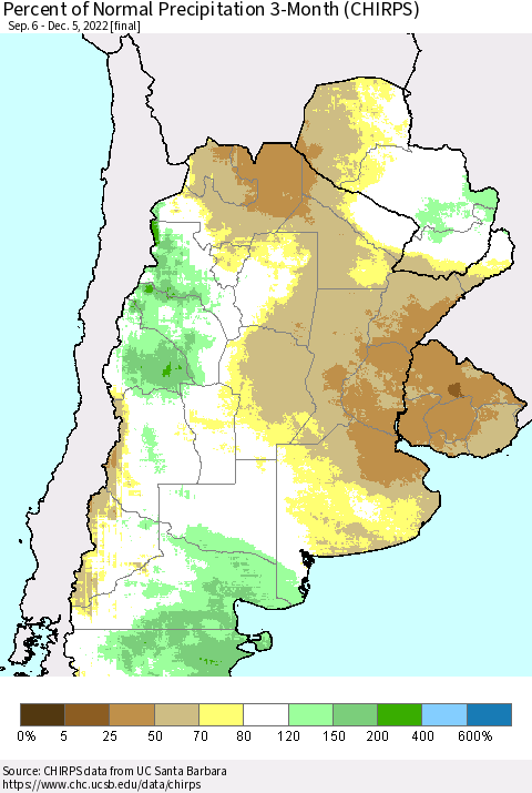 Southern South America Percent of Normal Precipitation 3-Month (CHIRPS) Thematic Map For 9/6/2022 - 12/5/2022