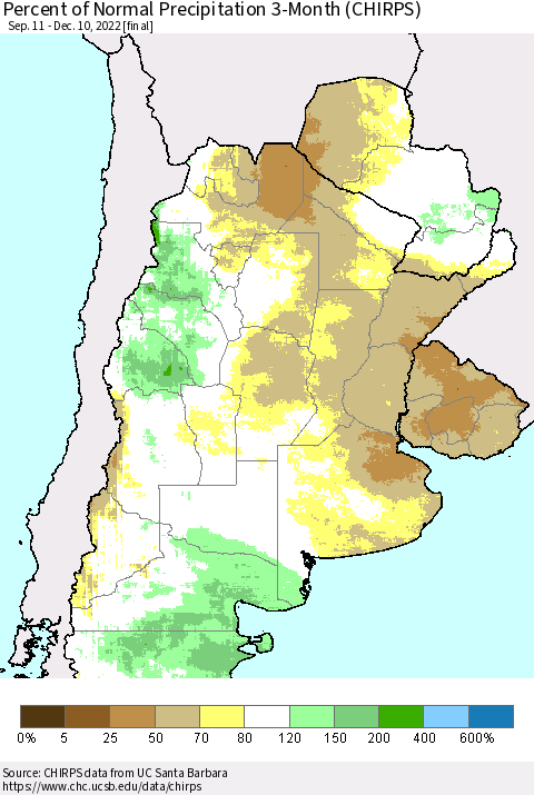Southern South America Percent of Normal Precipitation 3-Month (CHIRPS) Thematic Map For 9/11/2022 - 12/10/2022