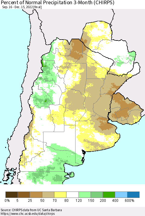 Southern South America Percent of Normal Precipitation 3-Month (CHIRPS) Thematic Map For 9/16/2022 - 12/15/2022